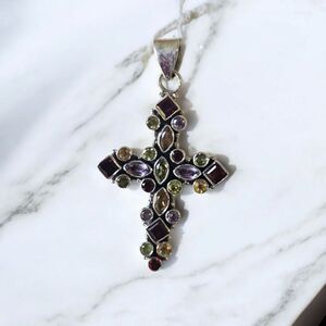 Jeweled Cross Pendant Multi Colored Gemstone .925 Silver